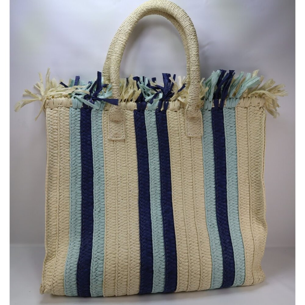BTB Los Angeles Woven Fringe Tote‎ Blue Stripes Beach Bag Festival Beige Boho